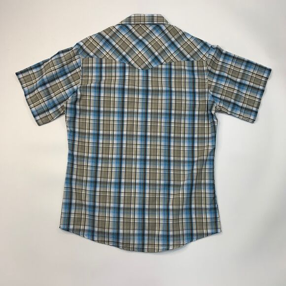 Wrangler Shirt Mens M Stone Blue Plaid Western Yoke Pearl Snap Button Pockets - Picture 7 of 10